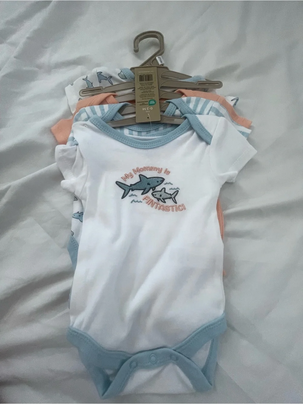chick pea White One-Piece Bodysuit with Light Blue Trim and Shark Graphic